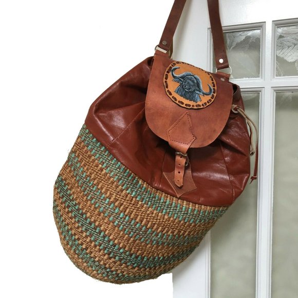 Vntg Large Hand Woven Jute & Leather Sally/Wapaas Bag Purse Back Pack w Bison - Picture 1 of 8
